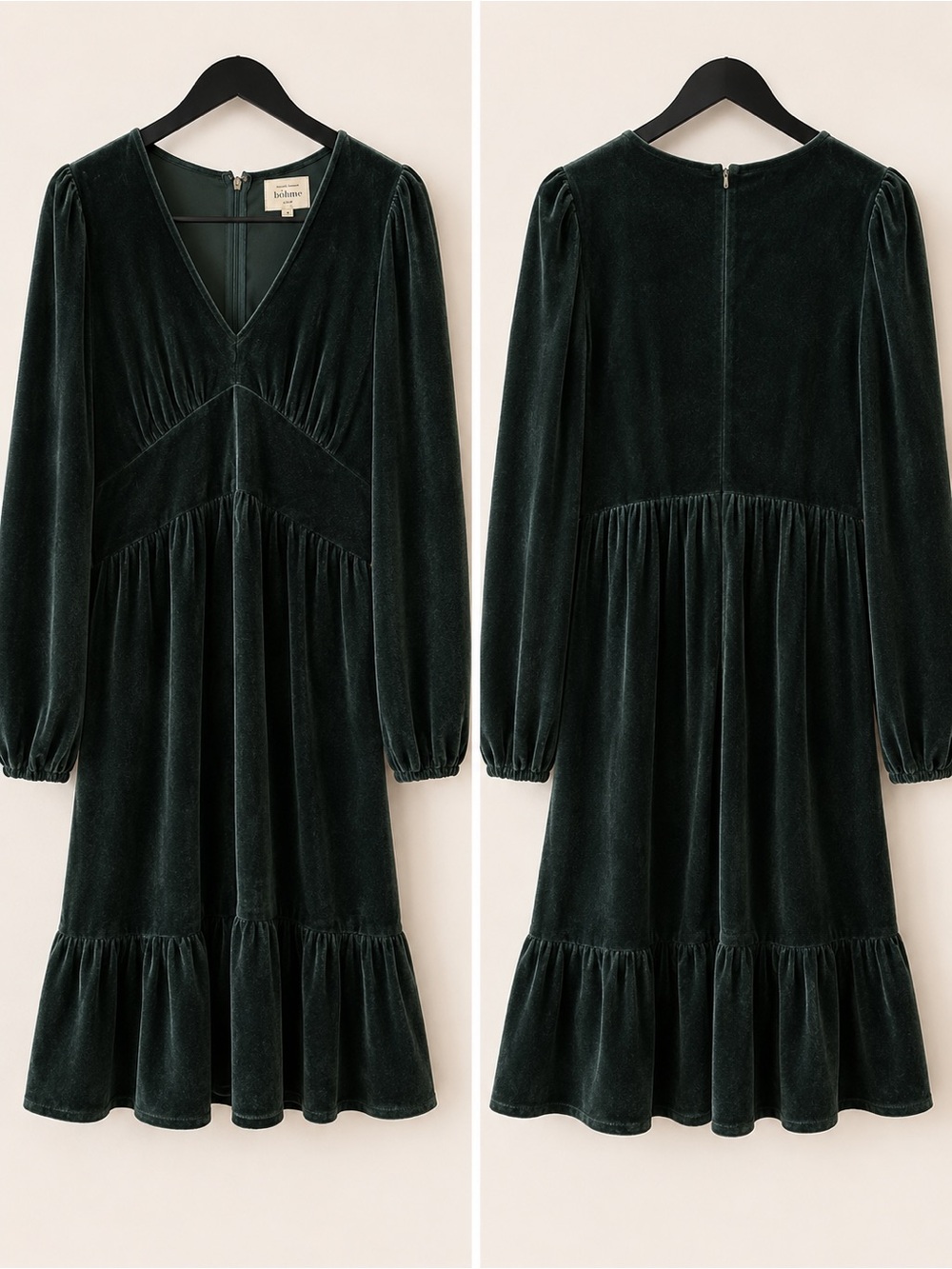 Böhme Green Velvet Long Sleeve V-Neck Ruffle Mini Dress Size S